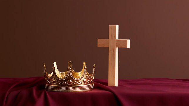 A symbolic composition featuring a golden crown and a wooden cross placed together on a deep red fabric background for religious themes