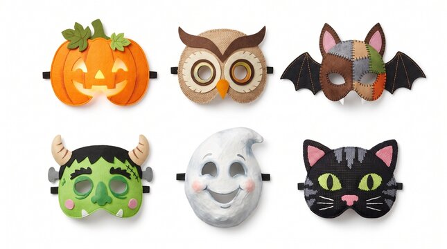 Set of cozy autumn felt Halloween masks for kids including pumpkin owl bat frankenstein ghost and black cat isolated on white background
