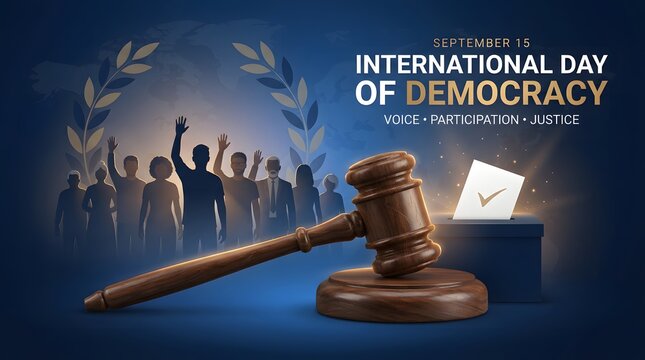Gavel and sound block rest before a silhouette of celebrating people