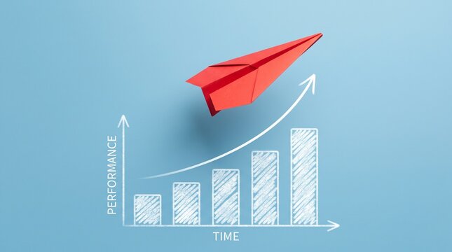 Red paper airplane soaring with performance growth chart