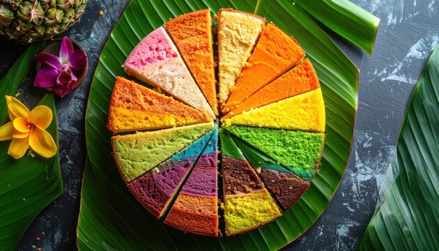 Rainbow cake slices with tropical flowers and pineapple