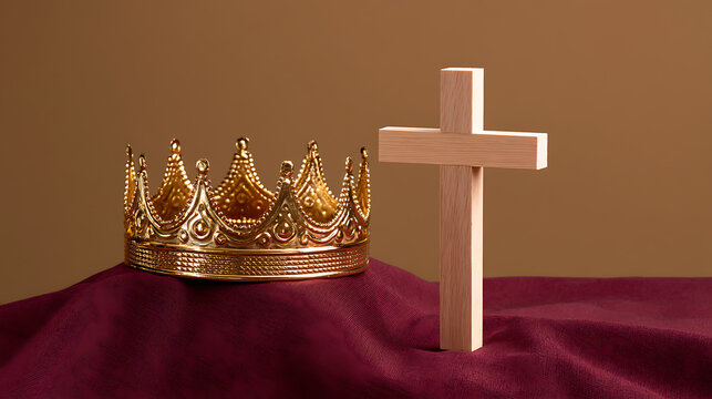 A golden crown sit beside a wooden cross on a purple cloth surface, symbolizing royalty, faith, devotion, religion, and spiritual power
