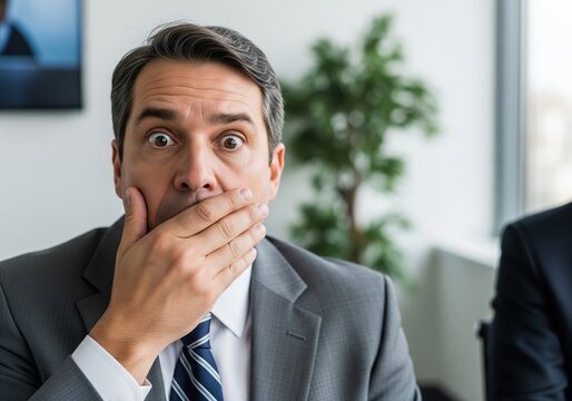 Surprised Businessman Covering His Mouth With Hand In Office Environment Close Up Shot