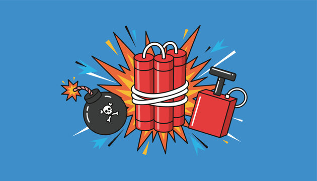 Explosive bomb set featuring a classic round black bomb, a bundle of red dynamite sticks, and a detonator handle box.