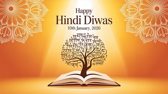 Happy hindi diwas greeting card with book and tree design