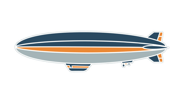 Classic dirigible airship blimp illustration in navy blue, orange, and silver colors, isolated on a white background.