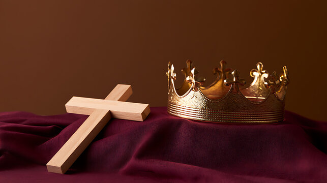 A wooden Christian cross rests next to a golden royal crown on a rich purple fabric cloth background representing faith and leadership