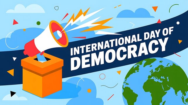 International day of democracy poster with megaphone and globe