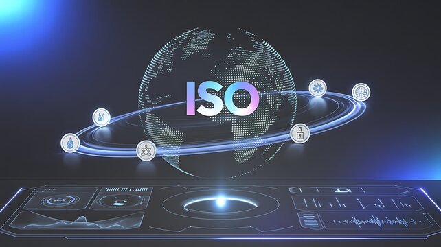 Digital iso certification globe with technology network icons
