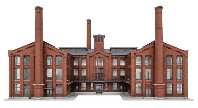Old red brick factory building isolated on transparent background