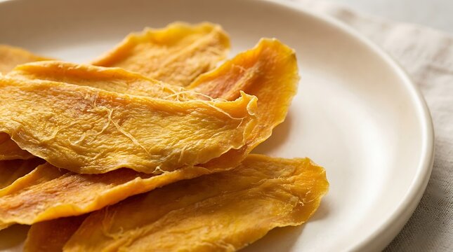 Healthy dried mango fruit slices on a round plate. dried mango flakes