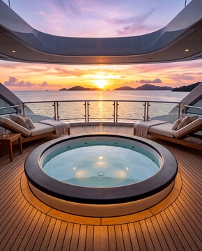 Luxury Yacht Upper Deck with Jacuzzi and Panoramic Ocean Sunset View