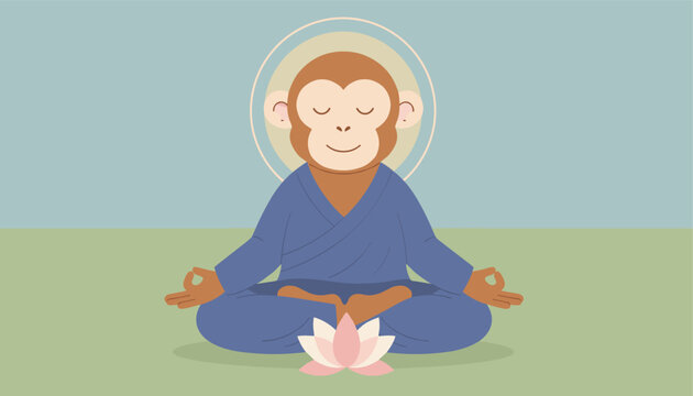 Cute cartoon monkey meditating in lotus position wearing blue robes with a pink lotus flower on a soft color background.