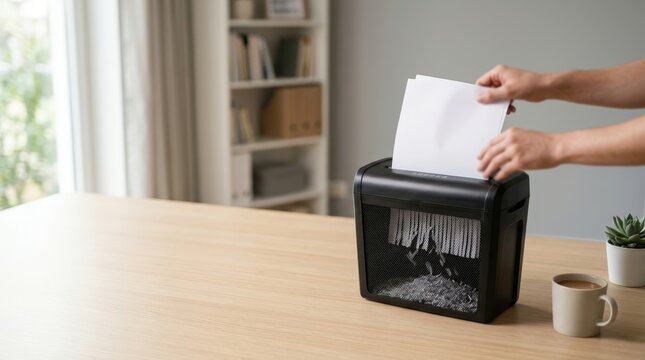 Paper shredder in use on minimalist office desk