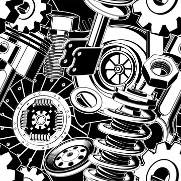 Automotive Parts Seamless Pattern with Vintage Car Engine Components, Gears, Wheels, Suspension and Mechanic Tools for Garage and Textile Design