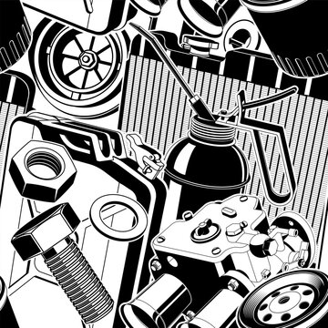 Mechanic Tools Seamless Pattern with Automotive Parts, Engine Components, Wheels, Gears and Garage Equipment for Auto Repair and Industrial Design