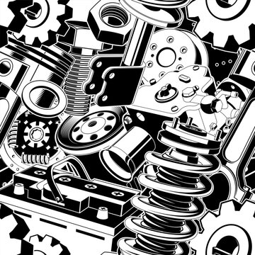 Automotive Engine Seamless Pattern with Vintage Mechanical Parts, Pistons, Gears, Suspension and Garage Tools for Car Repair and Industrial Design