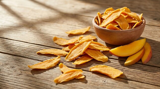 Dried mango slices in a small wooden bowl on a rustic wooden table. dried mango flakes