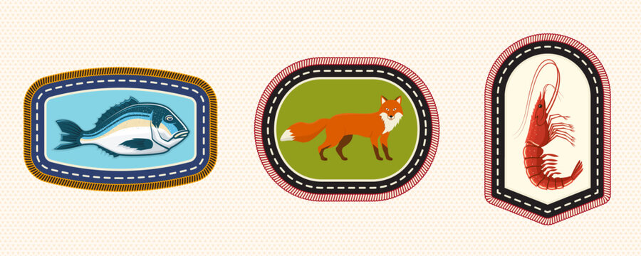 Marine and Wildlife Scout Badge Set with Fish, Fox and Lobster, Vintage Embroidery Style Achievement Patches for Outdoor Adventure