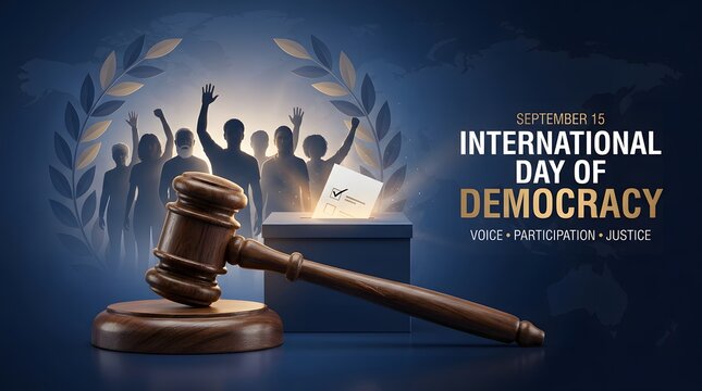 Gavel and ballot box with silhouettes celebrating international day of democracy
