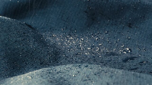 Fabric waterproof jacket hiking close up rain drops texture outdoor material macro detail