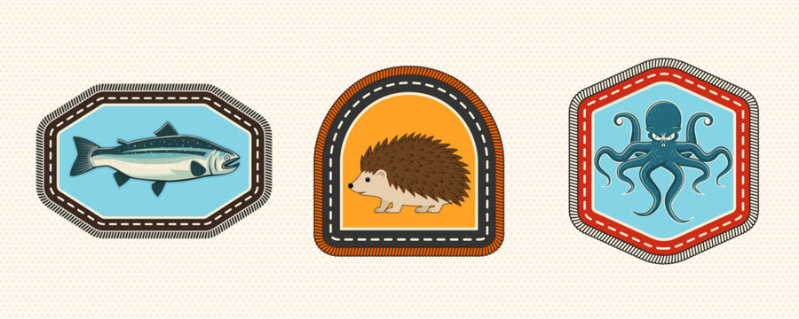 Wildlife Scout Badge Set with Fish, Hedgehog and Octopus, Vintage Embroidery Style Achievement Patches for Nature and Outdoor Adventure