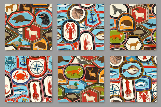 Vintage Scout Badge Seamless Pattern Set with Wildlife, Marine and Outdoor Adventure Patches, Retro Embroidery Style for Textile and Surface Design