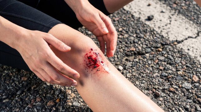 Young person tending to deep abrasion on their knee in outdoor setting  