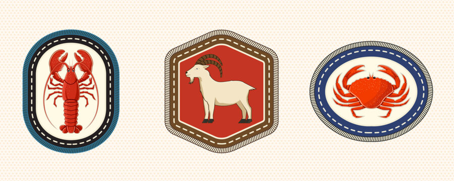 Marine Animal Scout Badge Set with Lobster, Goat and Crab, Vintage Embroidery Style Achievement Patches for Outdoor Adventure and Nature