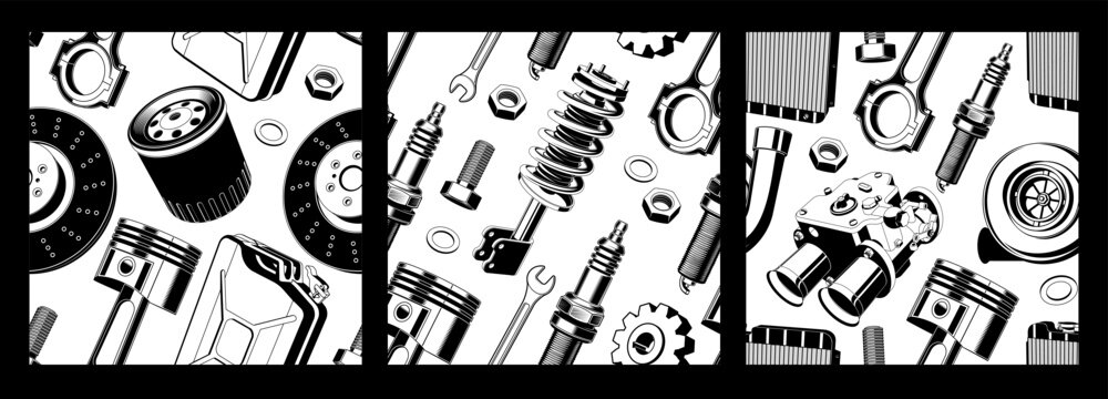 Automotive Parts Graphic Elements Set with Wheels, Pistons, Gears, Spark Plugs, Brakes and Mechanic Components, Black and White Vintage Illustration