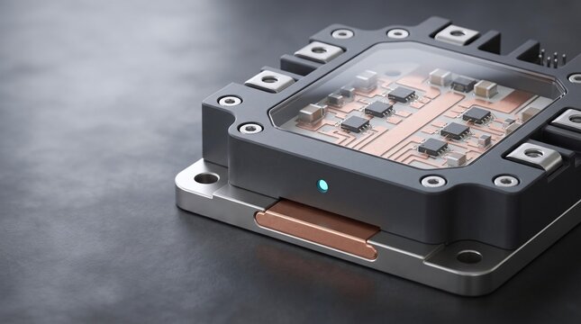 High performance Gallium Nitride power converter hardware module 3D render with blank copy space
