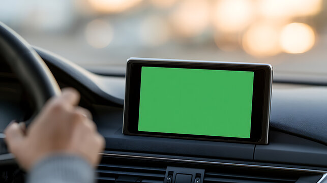 Close-up of a car dashboard with a green screen display for GPS navigation, mockup concept in a modern vehicle interior during travel