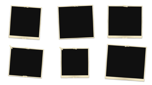 A collection of six square frames with white borders and adhesive tape accents on a solid black background, for presentation