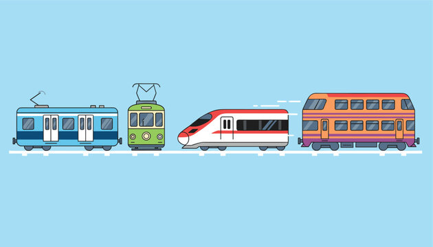 Flat design illustration depicting different types of rail transport including a metro train, green tram, bullet train, and double-decker train.
