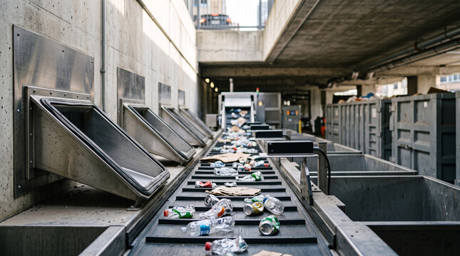 Recyclable trash moving along a mechanical conveyor belt at a modern waste processing plant