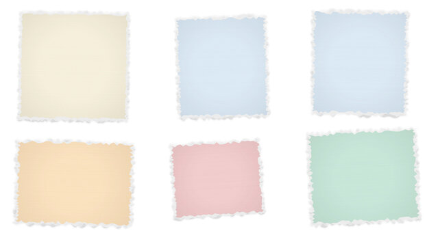 A collection of six square paper frames with torn edges in pastel colors arranged on a solid black background, for various projects