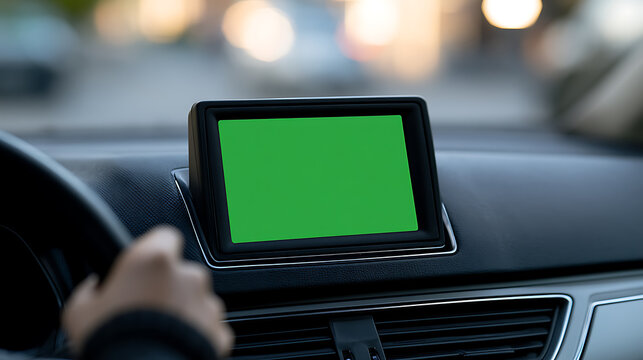 Close up view of car dashboard with mock up green screen gps navigation display system for custom app design presentation template