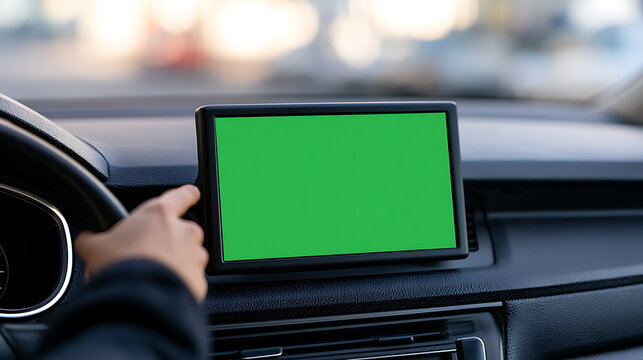 Driver hand touch car dashboard screen with green chroma key display mock up for navigation gps music media entertainment technology device