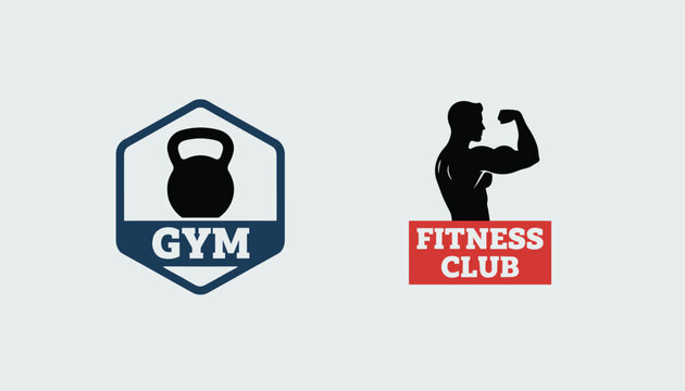 Minimalist gym and fitness club logos featuring a dark blue kettlebell badge and a red flexing man silhouette badge.