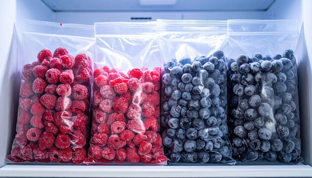 Different frozen berries stored in plastic bags inside freezer, food preservation concept, realistic photography