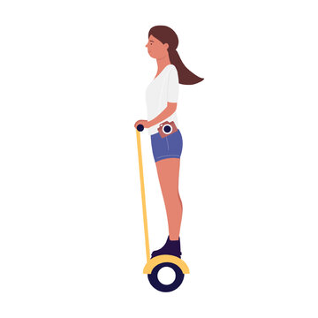 Girl with photo camera riding single wheel electric scooter. Fast and eco transportation device cartoon vector illustration