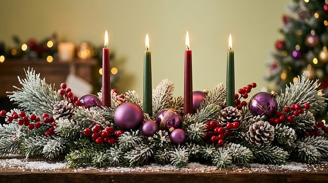 Four burning candles on a rustic advent wreath with red ornaments and fir branches for christmas