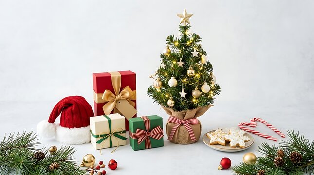 Small decorated christmas tree with colorful gift boxes and santa hat for festive holiday decor
