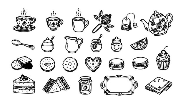 Afternoon tea hand drawn doodle vector collection with teapot teacups cookies cakes and snacks