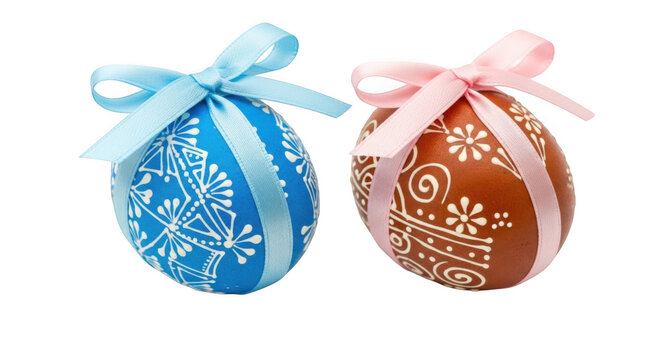 Two decorative painted easter eggs isolated on transparent background