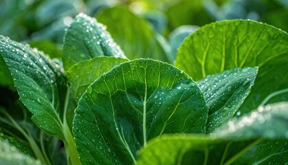 Obraz premium Fresh bok choy leaves with water droplets, natural vegetable closeup