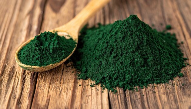 Green spirulina powder scattered on wooden surface, healthy superfood concept