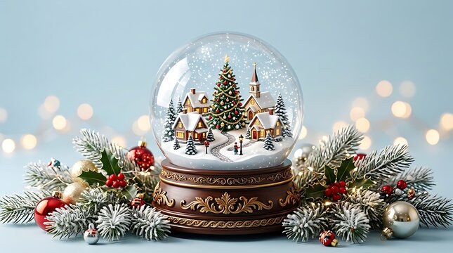 Beautiful christmas snow globe with a festive village scene and pine tree decorations