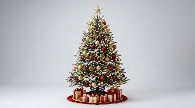 Beautiful decorated christmas tree with colorful baubles and gift boxes on the floor