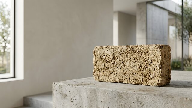Conceptual digital art of an adobe brick on a concrete surface with modern architecture background